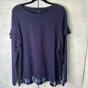 Lane Bryant Long sleeve ruffle sleeve plaid shirt tail coming out of the bottom